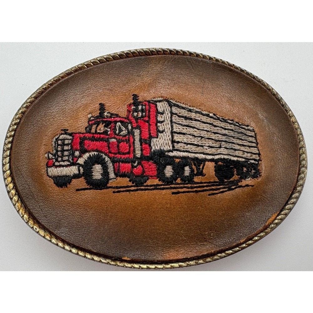 Vintage Embroidered Leather Belt Buckle – Red Semi-Truck Design – Dated 1976